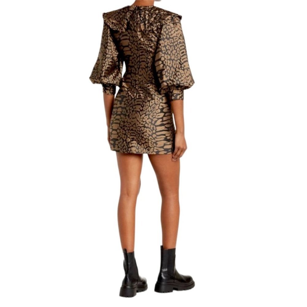 NWT Ganni Jacquard Puff Sleeve Leopard Animal Print Satin Mini Dress Size 2 - Picture 3 of 8
